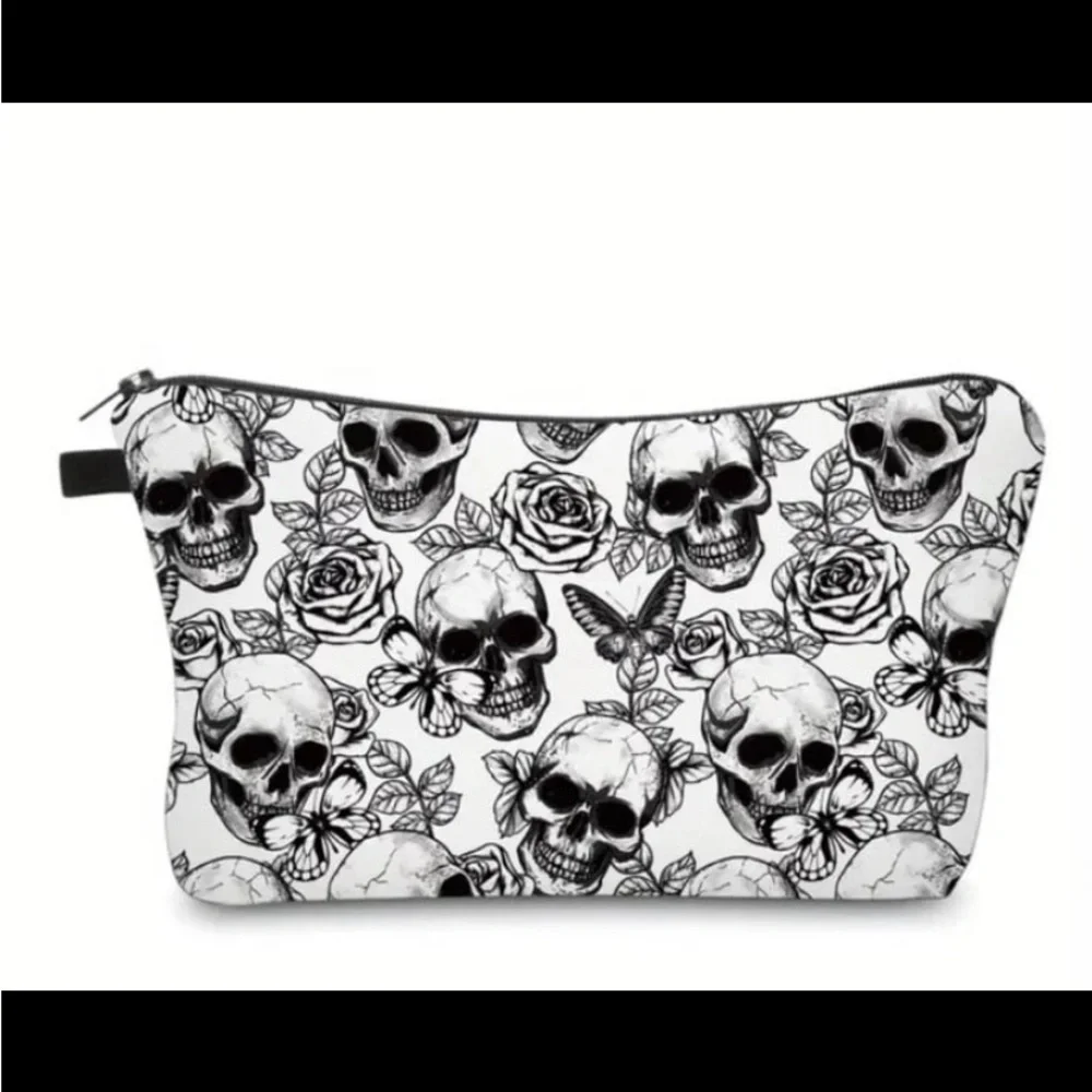 New! Printed Skull Butterfly Rose Pattern Cosmetic Bag, Waterproof Makeup Bag